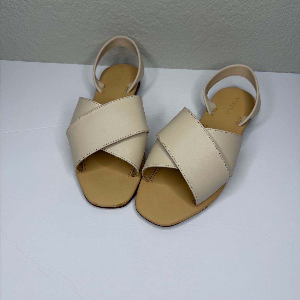 Nicole Women’s Cream All-Day Cross Strap Sling Back Leather Sandals Size 7.5
